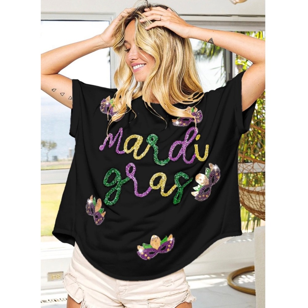 BiBi Mardi‎ Gras Sequin Mask Oversized Top Black Short Sleeve NWT Small Boutique